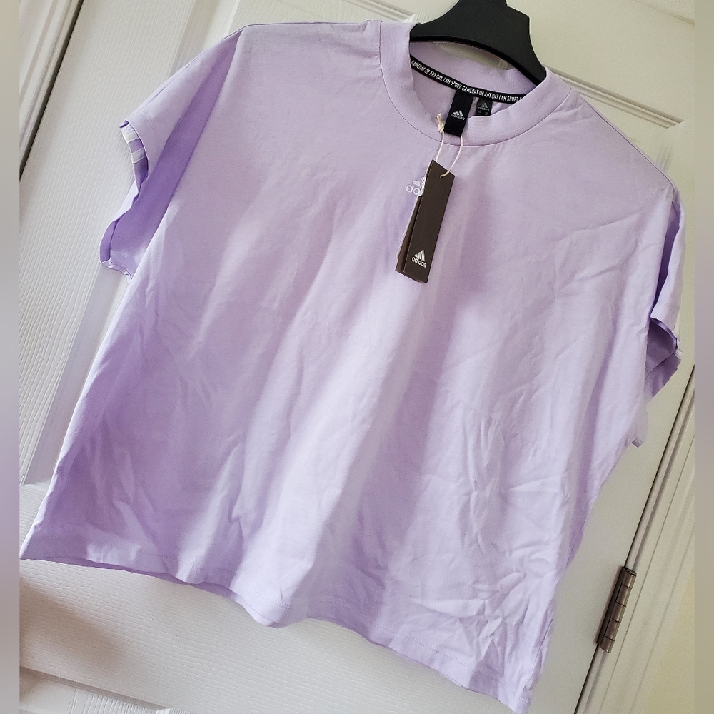 Adidas Women Purple Lavender 3 white stripe T-Shirt Tee Size XL